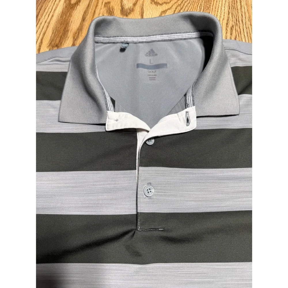 Adidas Golf Polo Shirt Men Large Grey Black Striped Short Sleeve Performance
